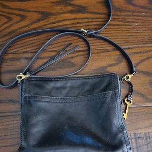 Fossil crossbody purse, black leather, gold trim, 10" wide, 8" tall